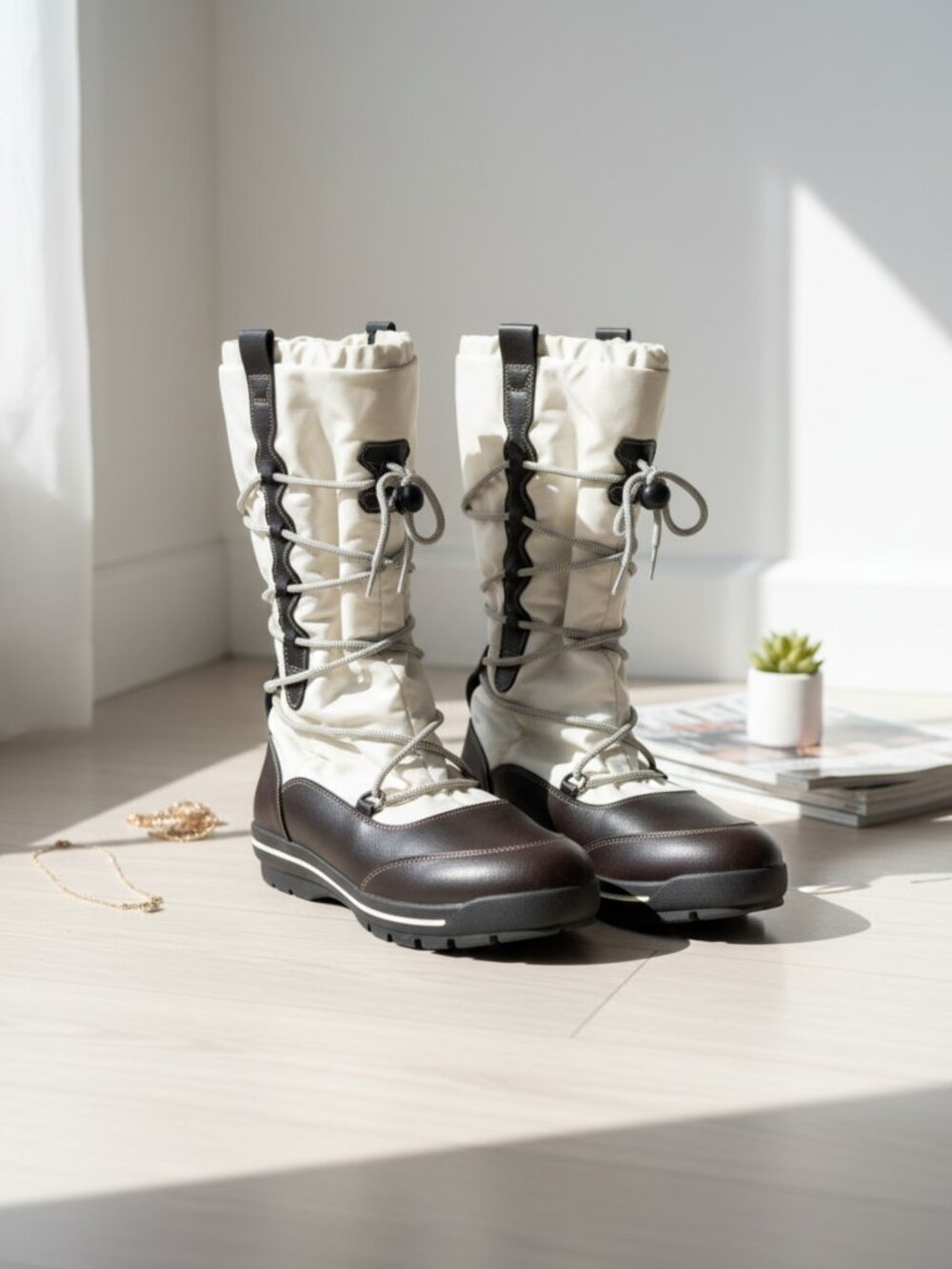 Lands' End Cream & Brown Lined Knee-High Winter Boots